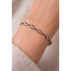 925 Sterling Silver Tennis Bracelet Wave Design Clear Stones 7.5 Inch